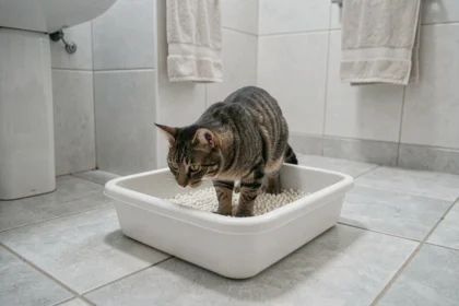 Chat tabby entrant dans un bac à litière basique en plastique blanc posé sur un carrelage gris de salle de bain