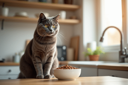 Chat british shorthair brun dans la cuisine lumineuse