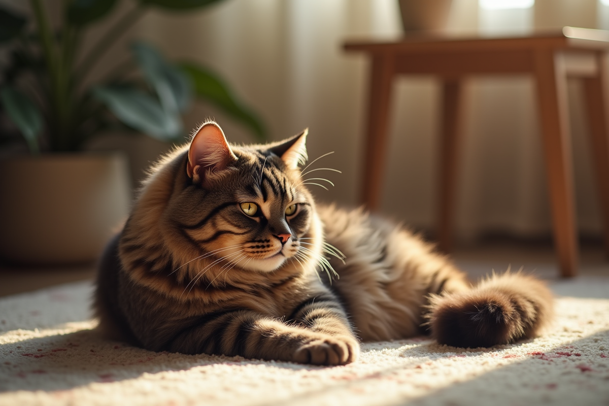 Chat british shorthair brun sur un tapis cosy