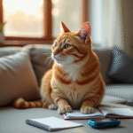 Chat roux calme sur un canapé avec glucometre et carnet