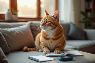 Chat roux calme sur un canapé avec glucometre et carnet