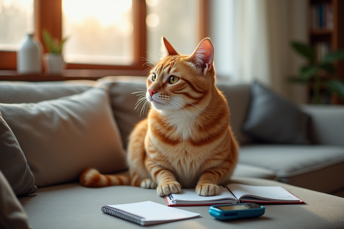 Chat roux calme sur un canapé avec glucometre et carnet