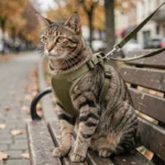 Chat tabby portant un harnais anti-évasion vert olive bien ajusté, assis sur un banc de parc en bois avec une laisse attachée