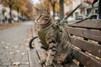 Chat tabby portant un harnais anti-évasion vert olive bien ajusté, assis sur un banc de parc en bois avec une laisse attachée