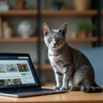 Chat Korat à la robe bleue argentée assis près d'un ordinateur portable affichant des annonces en ligne