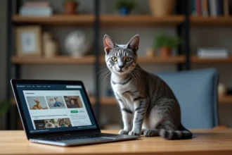 Chat Korat à la robe bleue argentée assis près d'un ordinateur portable affichant des annonces en ligne
