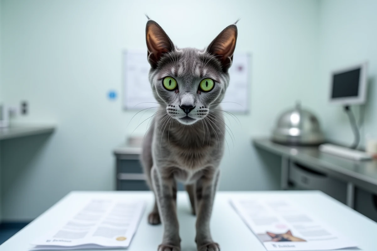 Chat Korat adulte examiné dans un élevage professionnel avec documents de race posés à côté