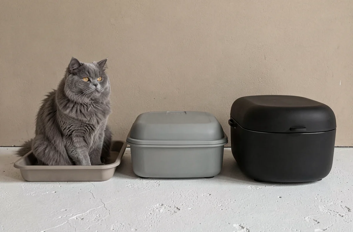 Chat persan gris assis devant trois modèles de bacs à litière alignés, du moins cher au plus haut de gamme