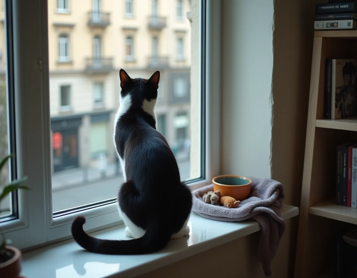 Chat noir et blanc posé sur un rebord de fenêtre entouré d'objets rassurants dans un appartement en cours d'installation