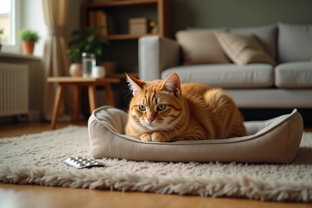 Chat roux âgé se reposant sur un lit orthopédique à domicile avec médicament vétérinaire Metacam visible en arrière-plan