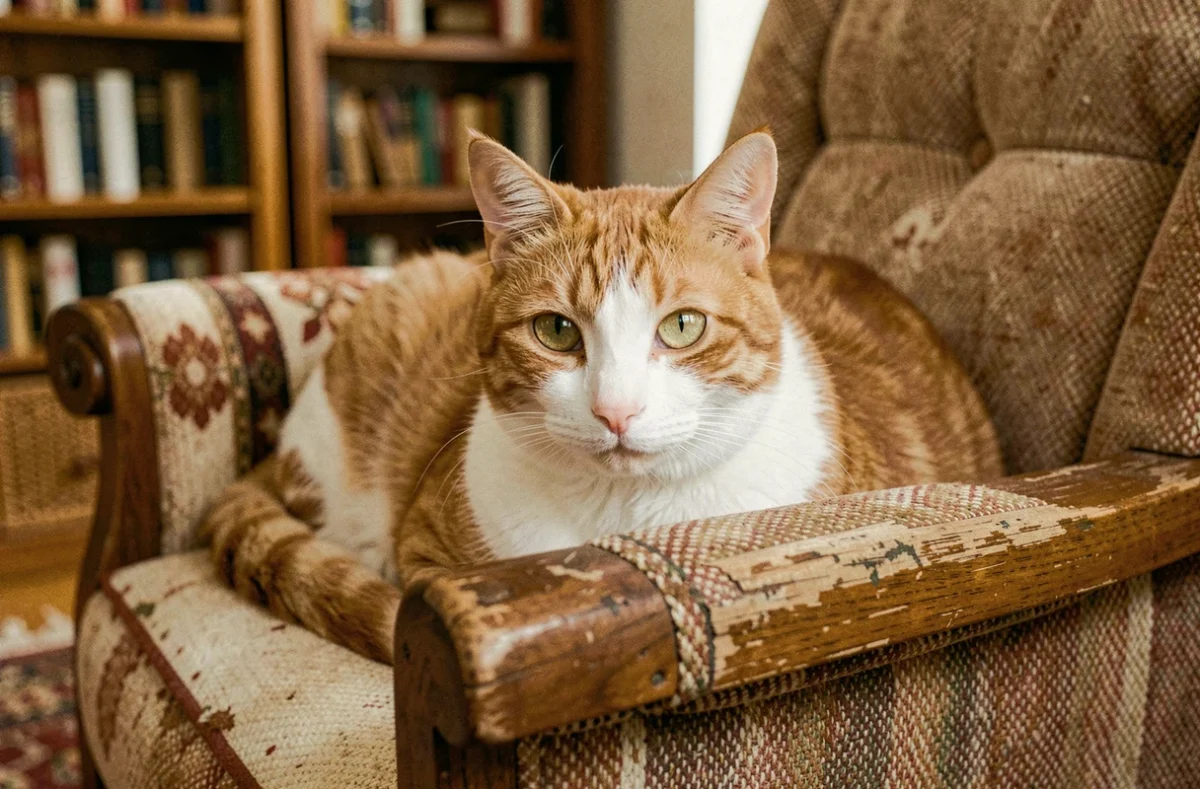 Chat senior aux pupilles dilatées au repos dans un fauteuil, signe potentiel de problème de santé