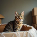 Chat tigré assis sur un carton de déménagement dans un appartement vide, l'air stressé et curieux face à son nouvel environnement
