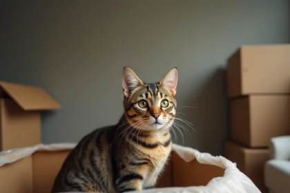 Chat tigré assis sur un carton de déménagement dans un appartement vide, l'air stressé et curieux face à son nouvel environnement
