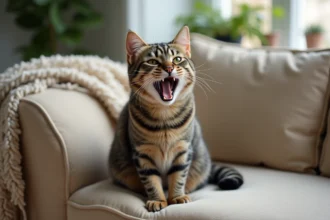 Chat tabby adulte en train de miauler dans un salon cosy
