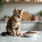 Chat domestique tabby de 12 mois près de sa nourriture