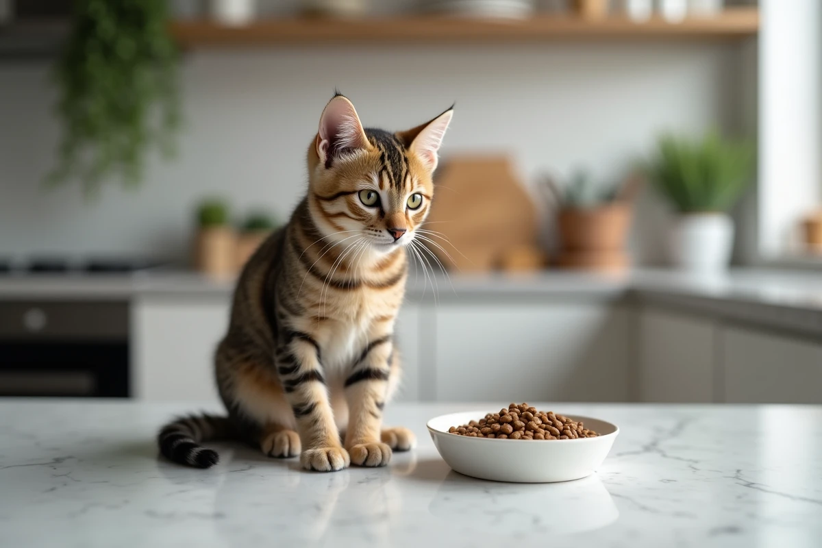 Chat domestique tabby de 12 mois près de sa nourriture