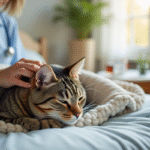Chat tabby reposant sur une couverture douce avec un soin attentif