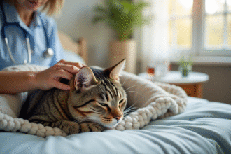 Chat tabby reposant sur une couverture douce avec un soin attentif