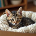 Chaton tigré abandonné blotti dans une boîte doublée de polaire dans un salon chaleureux lors de son adoption