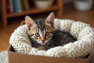 Chaton tigré abandonné blotti dans une boîte doublée de polaire dans un salon chaleureux lors de son adoption