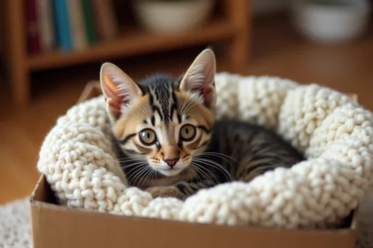 Chaton tigré abandonné blotti dans une boîte doublée de polaire dans un salon chaleureux lors de son adoption