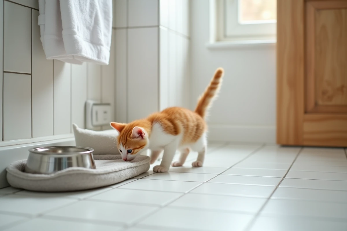 Chaton roux explorant une pièce sécurisée avec litière et gamelle lors de son intégration dans un nouveau foyer