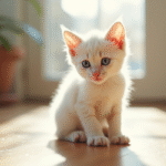 Chaton blanc aux yeux bleus sur un sol en bois ensoleille