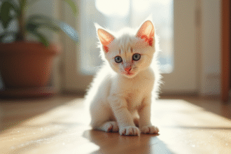 Chaton blanc aux yeux bleus sur un sol en bois ensoleille