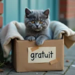 Chaton British Shorthair bleu posé dans un carton avec une pancarte 'gratuit' écrite à la main sur un trottoir