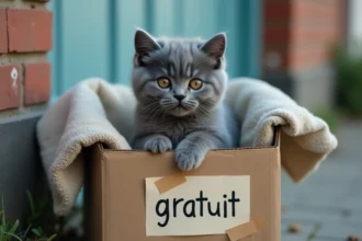 Chaton British Shorthair bleu posé dans un carton avec une pancarte 'gratuit' écrite à la main sur un trottoir
