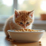Chaton curieux explorant sa nourriture dans la cuisine lumineuse