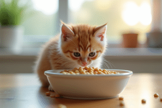 Chaton curieux explorant sa nourriture dans la cuisine lumineuse