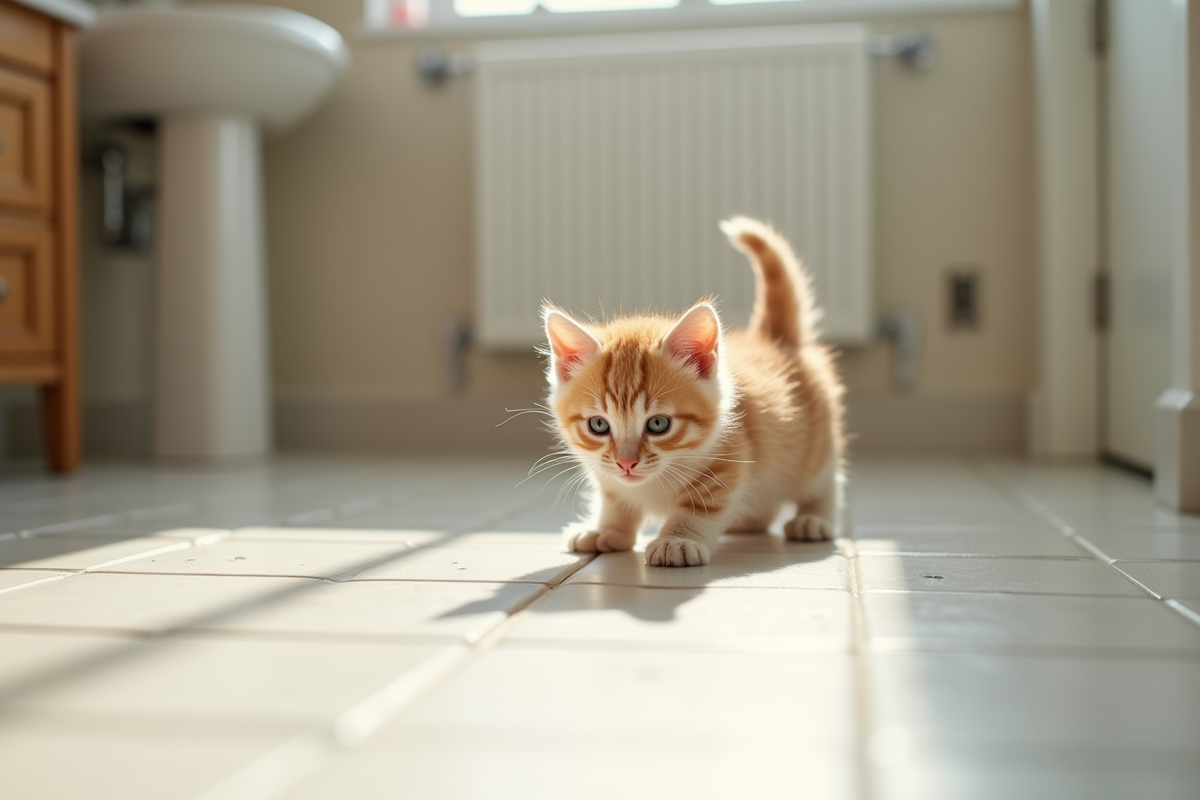 Chaton joueur explorant un sol de salle de bain propre