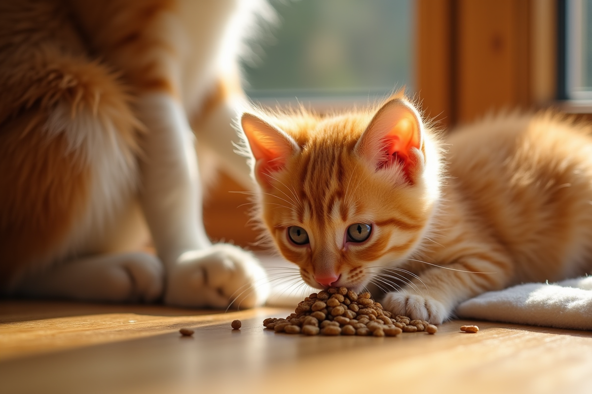 Chaton orange jouant avec sa mère sur le sol en bois ensoleille