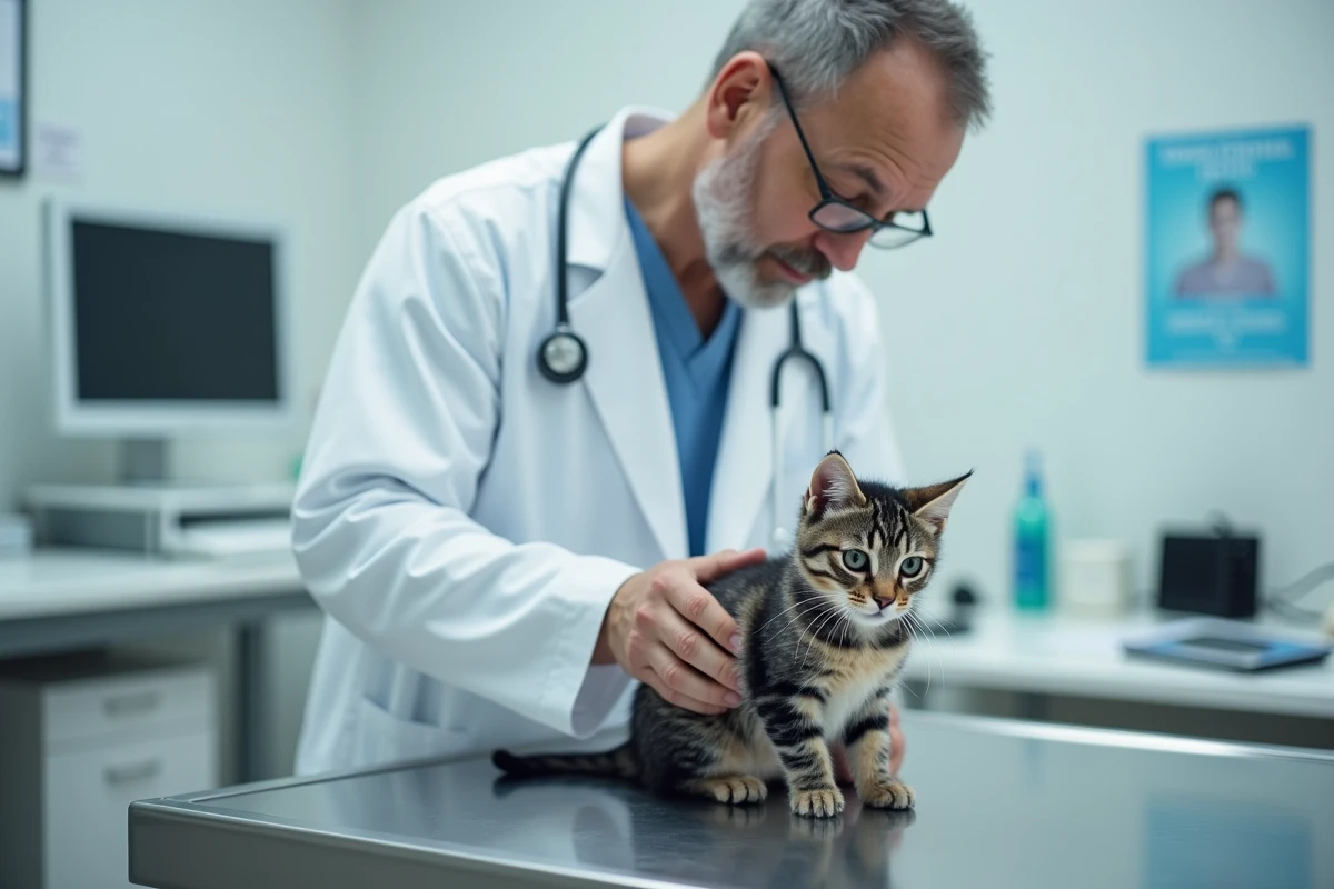 Vétérinaire examinant un chaton sans certificat vétérinaire ni identification dans une clinique