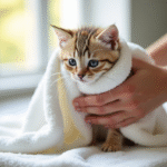 Chaton en serviette blanche en train d'être séché par des mains