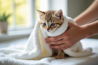Chaton en serviette blanche en train d'être séché par des mains