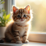 Chaton pelucheux assis sur une fenetre ensoleillee