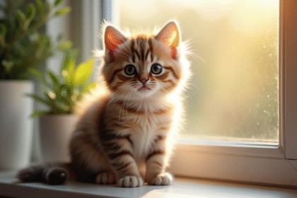 Chaton pelucheux assis sur une fenetre ensoleillee
