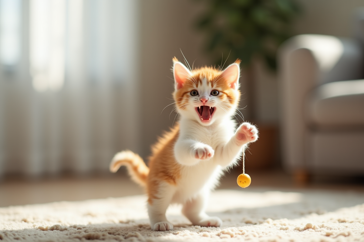 Chaton orange et blanc jouant dans un salon moderne