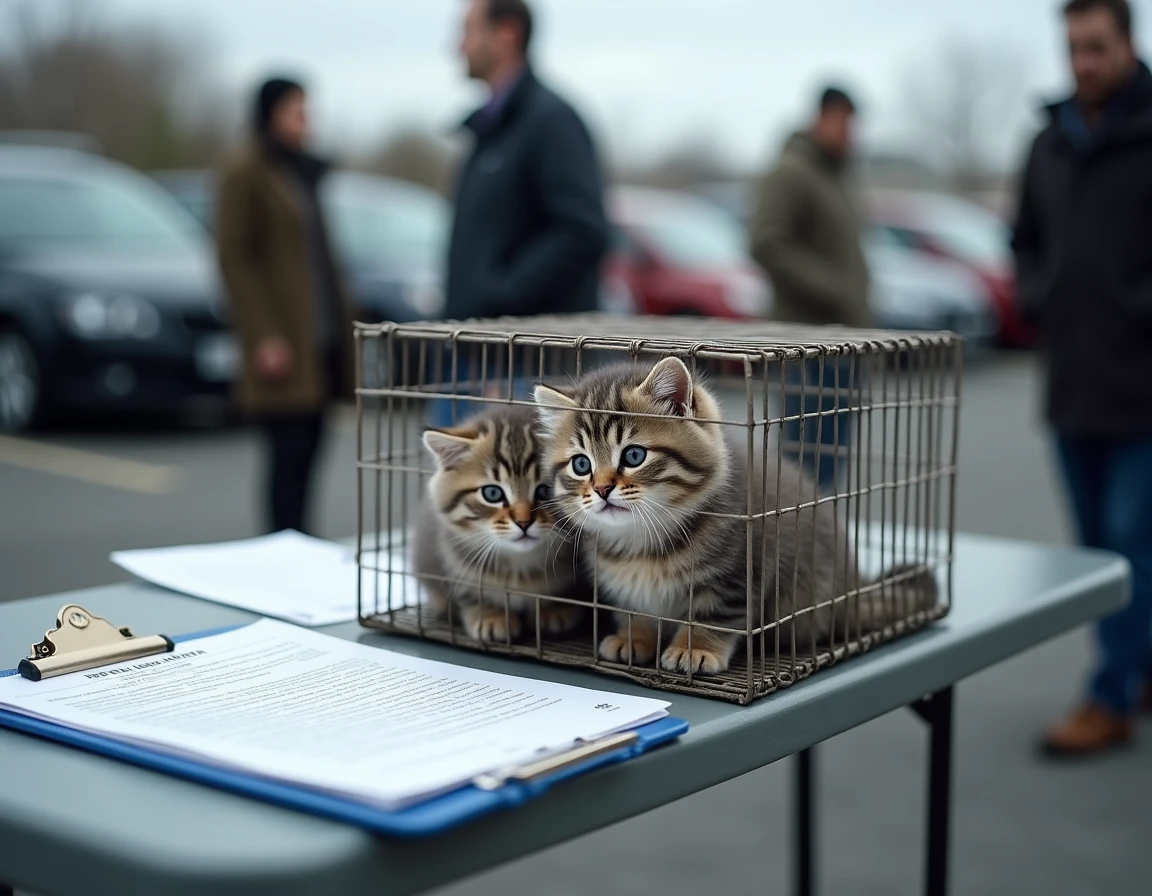 Deux chatons British Shorthair en cage sur une table lors d'une vente informelle dans un parking, avec des documents de contrat visibles