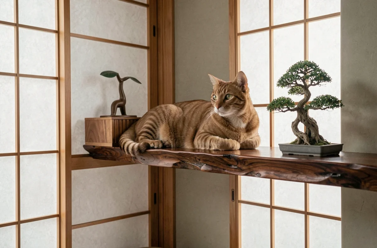Chat de race élégant reposant dans un intérieur de chatterie d'inspiration japonaise avec décor minimaliste pour la Chatterie D'Ishikawa