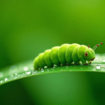 Chenille verte sur une feuille en macro avec rosée
