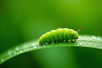 Chenille verte sur une feuille en macro avec rosée