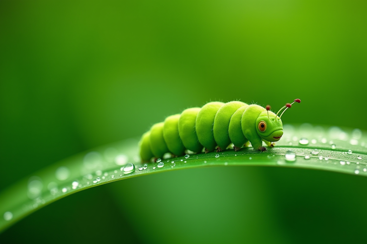Chenille verte sur une feuille en macro avec rosée