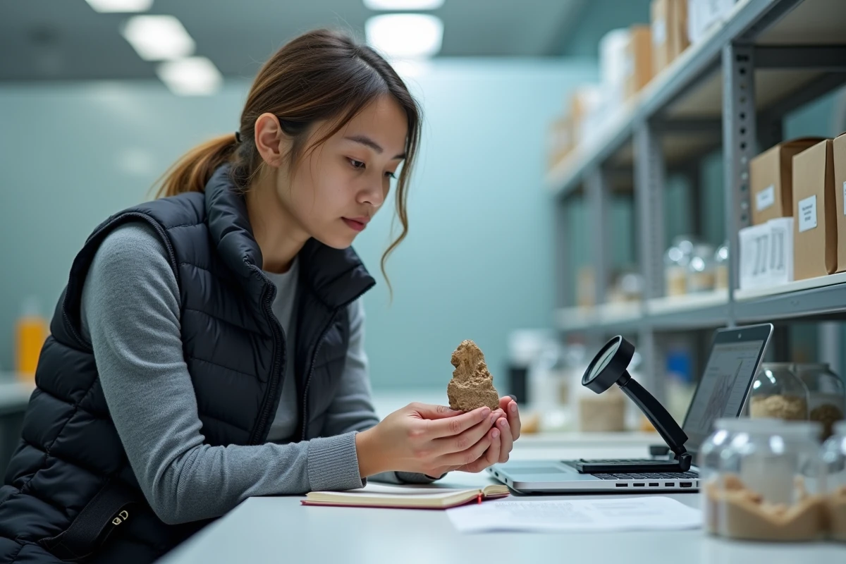 Chercheuse en paléogénomique examinant une molaire de mammouth dans un laboratoire universitaire moderne