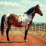 Cheval Appaloosa à la robe tachetée debout dans un ranch de l'Ouest américain
