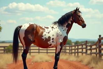 Cheval Appaloosa à la robe tachetée debout dans un ranch de l'Ouest américain