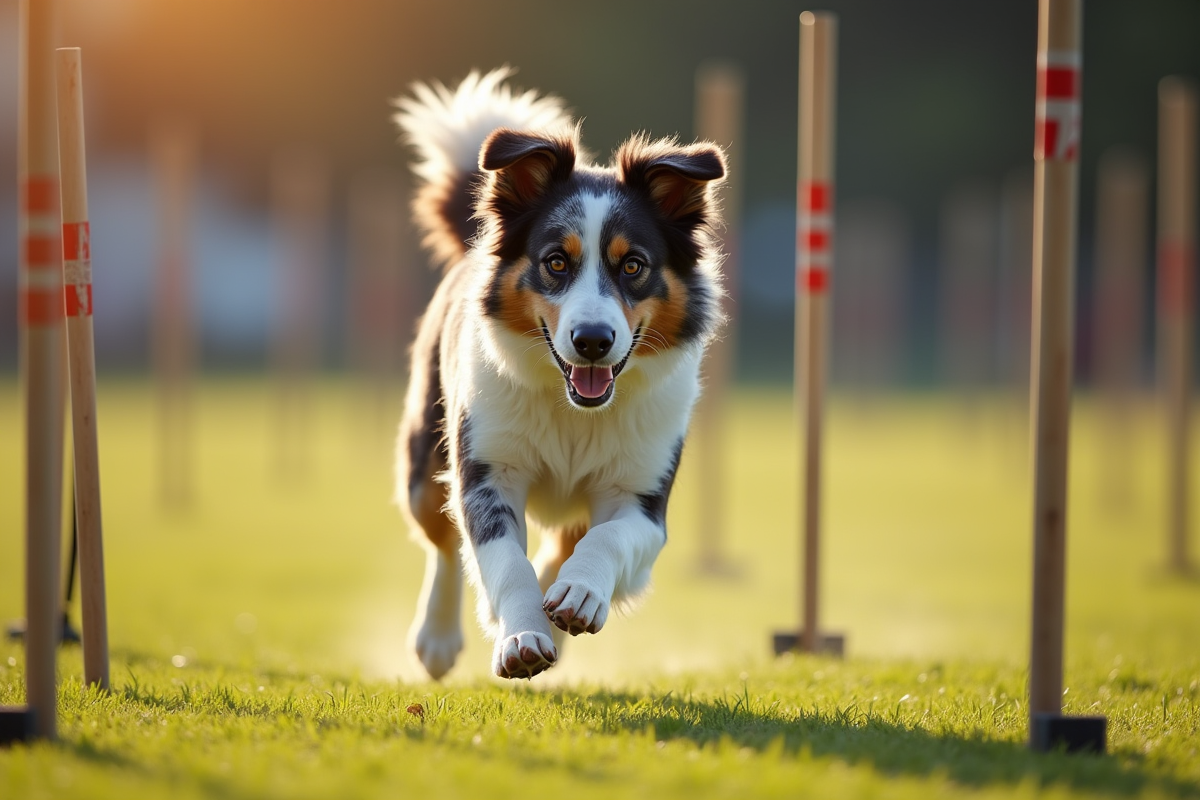 Chien border collie et australian shepherd en agility