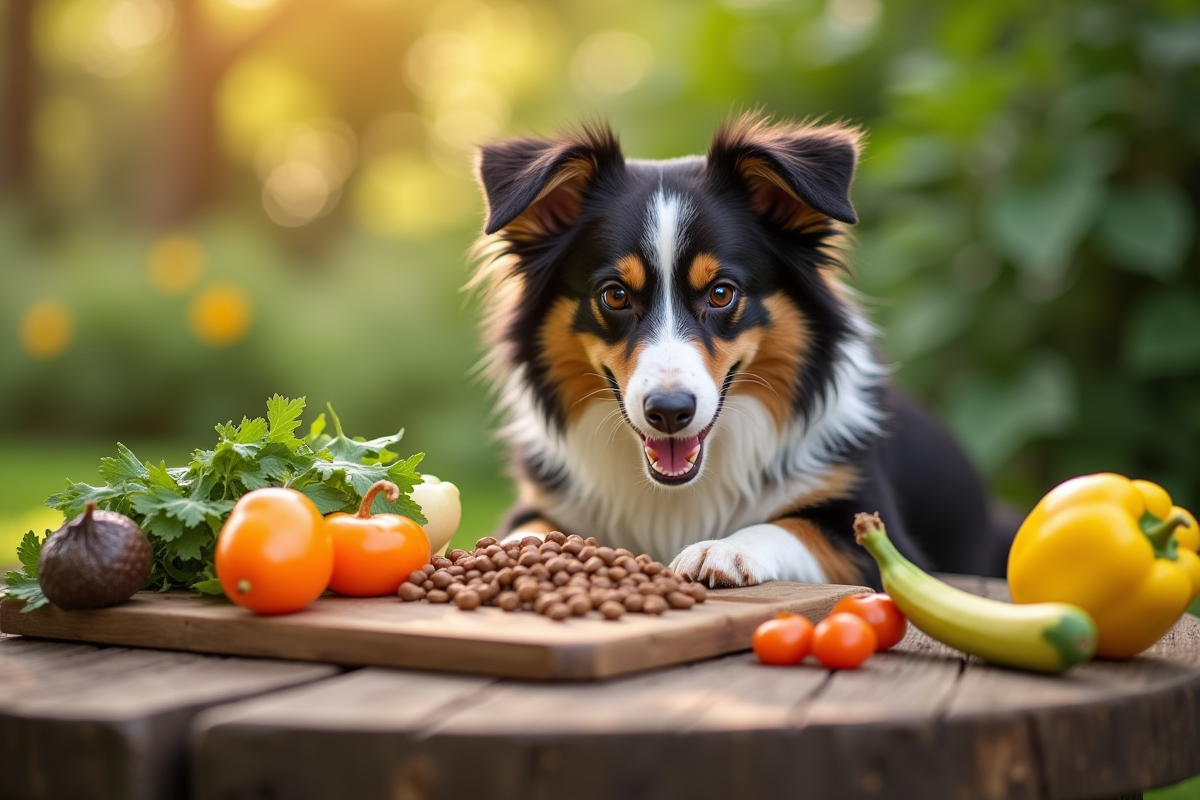 Chien australien dans un jardin avec ingrédients naturels